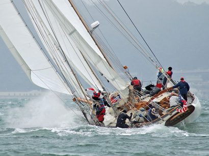 Schooner Marths sailing tilted on San Francisco Bay