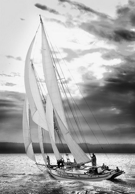 Schooner Martha on the water black and white